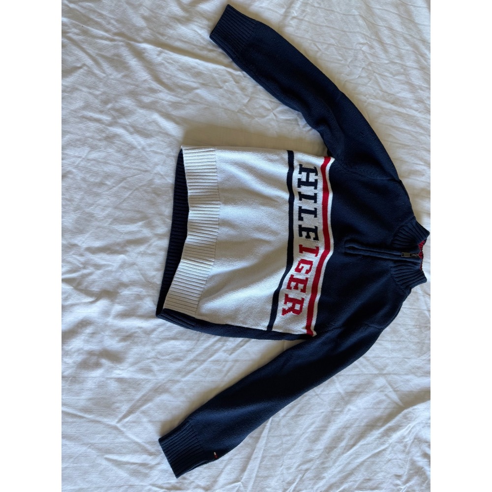 Tommy Hilfiger Boys Navy Blue White Red Quarter Zip Logo Sweater Size 6